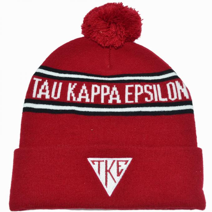 Custom Made Knitted Classic Cuffed Beanie With Pom Pom Red and White 1
