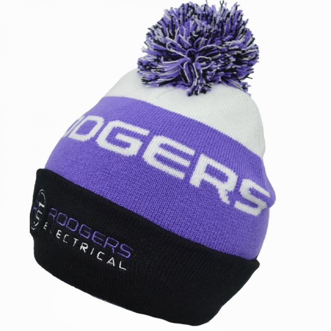 Custom Made Soft Warm Jacquard Pom Pom Knitted Cap Purple Colour 1